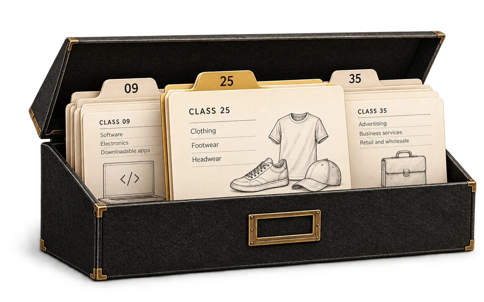 Open archival box containing trademark class folders for software, clothing and business services