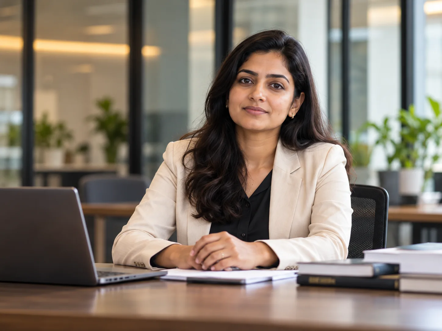 Company secretary seated at a desk in a modern office