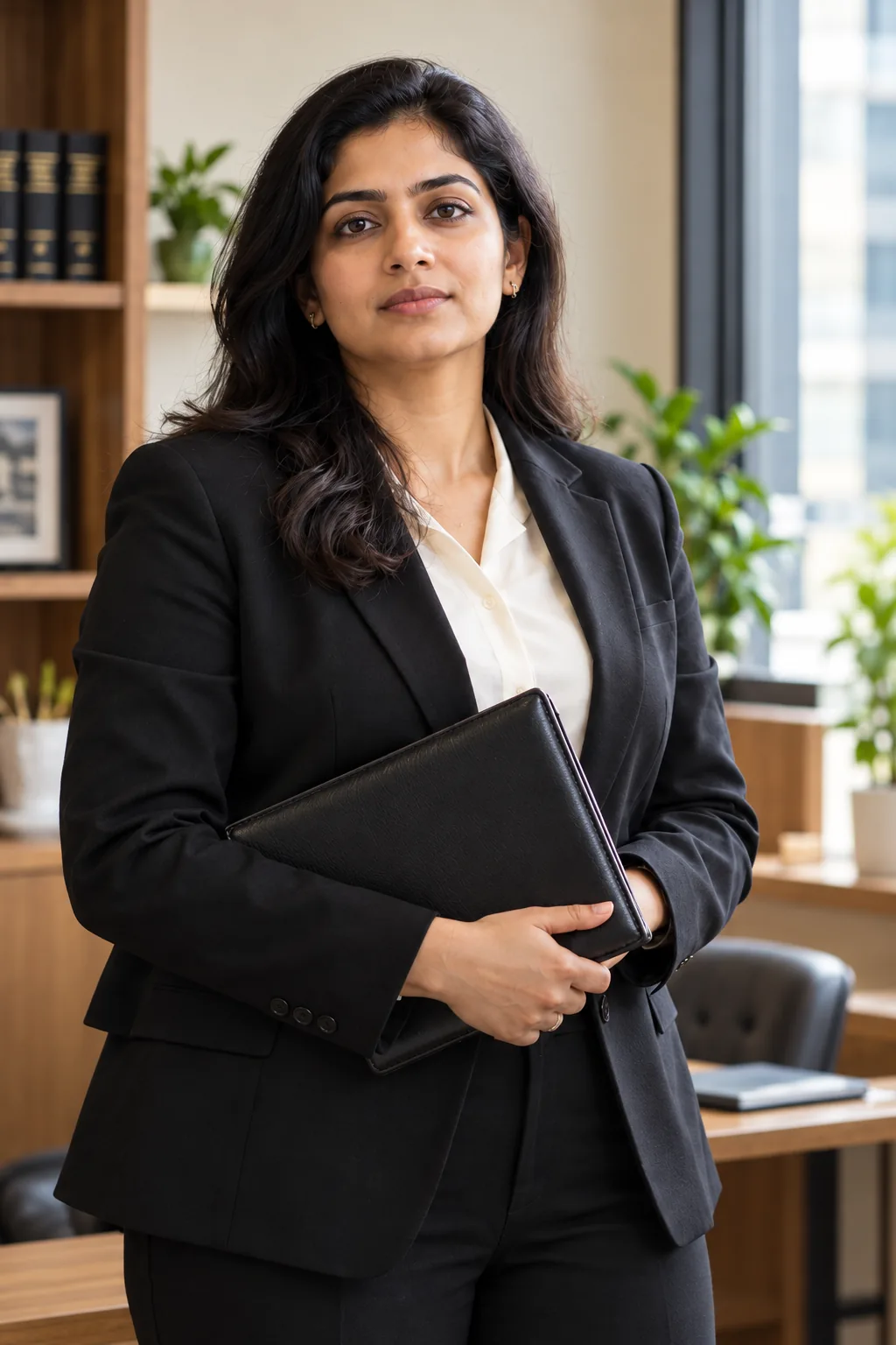 Lawyer holding a leather legal folio in an office