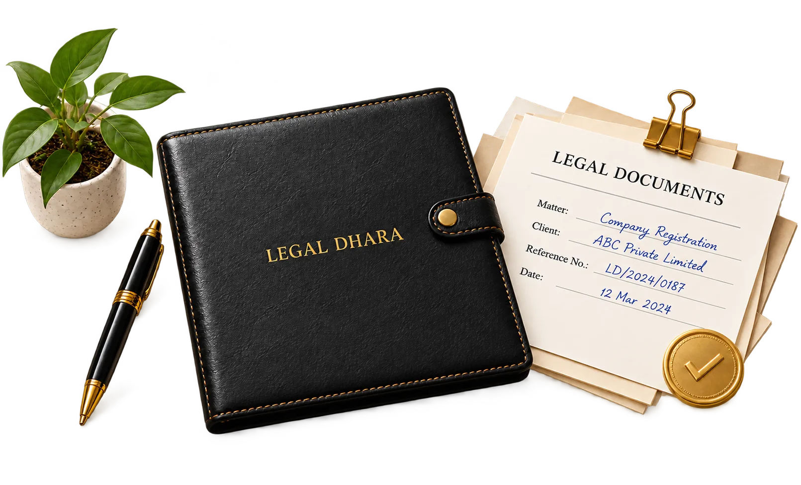 Legal Dhara diary, legal documents, pen and office plant