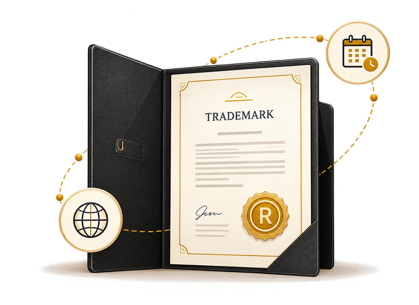 Open legal folio with a trademark certificate, gold registered seal, calendar and globe